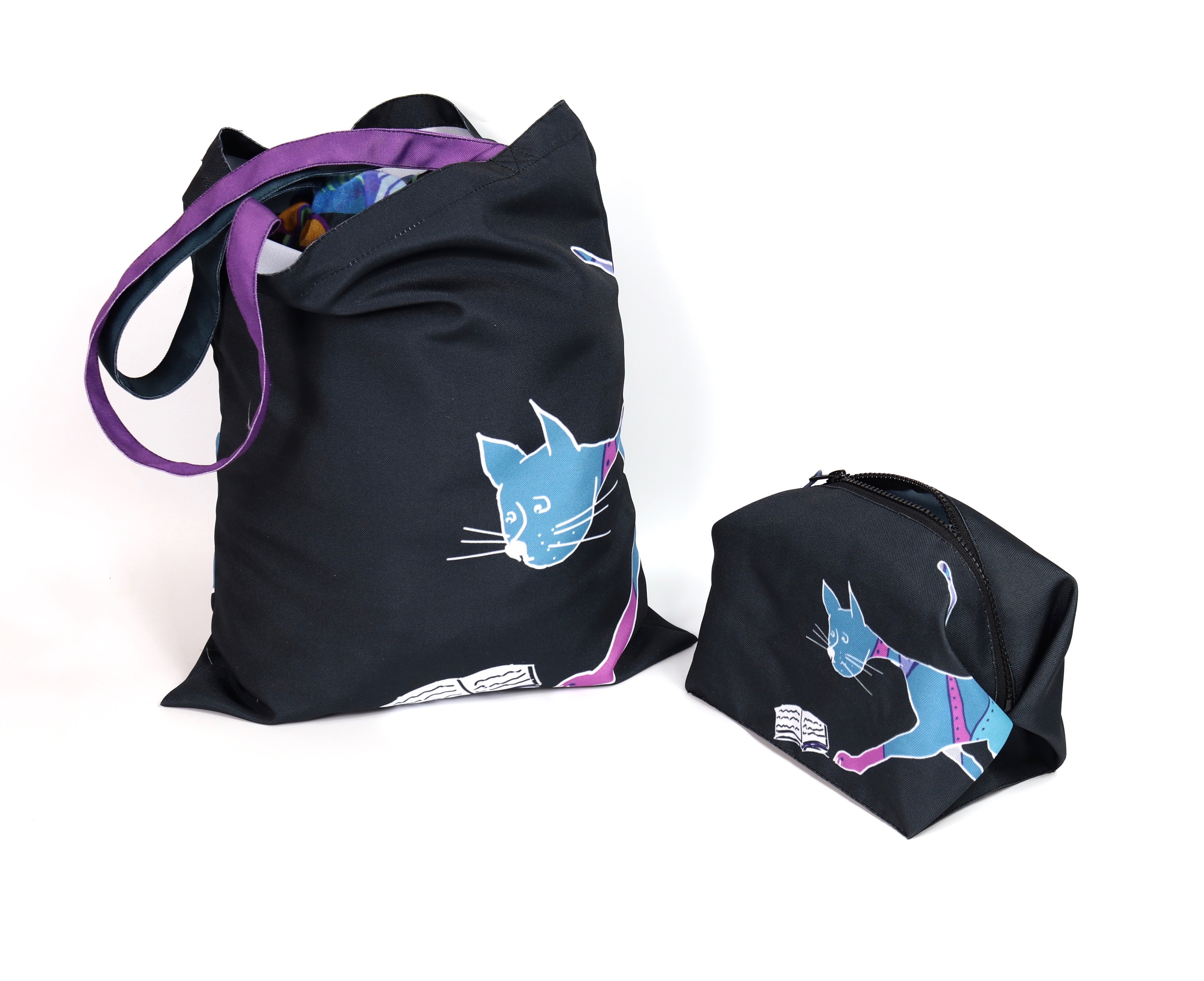 черная косметичка с кошкой фишкард fishcard cosmetic bag with can and book