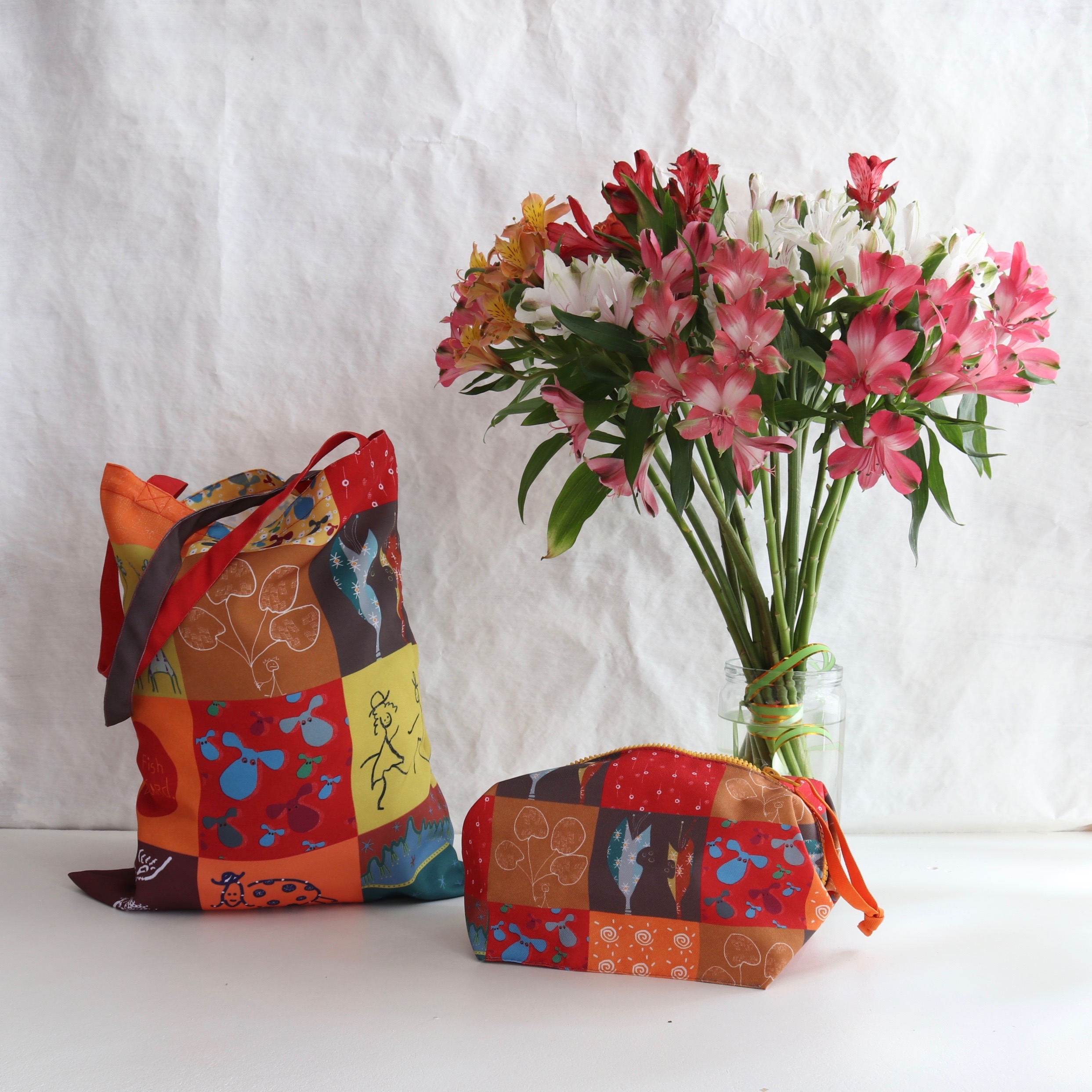 коллажная рыжая сумка шоппер фишкард fishcard patchwork orange tote bag