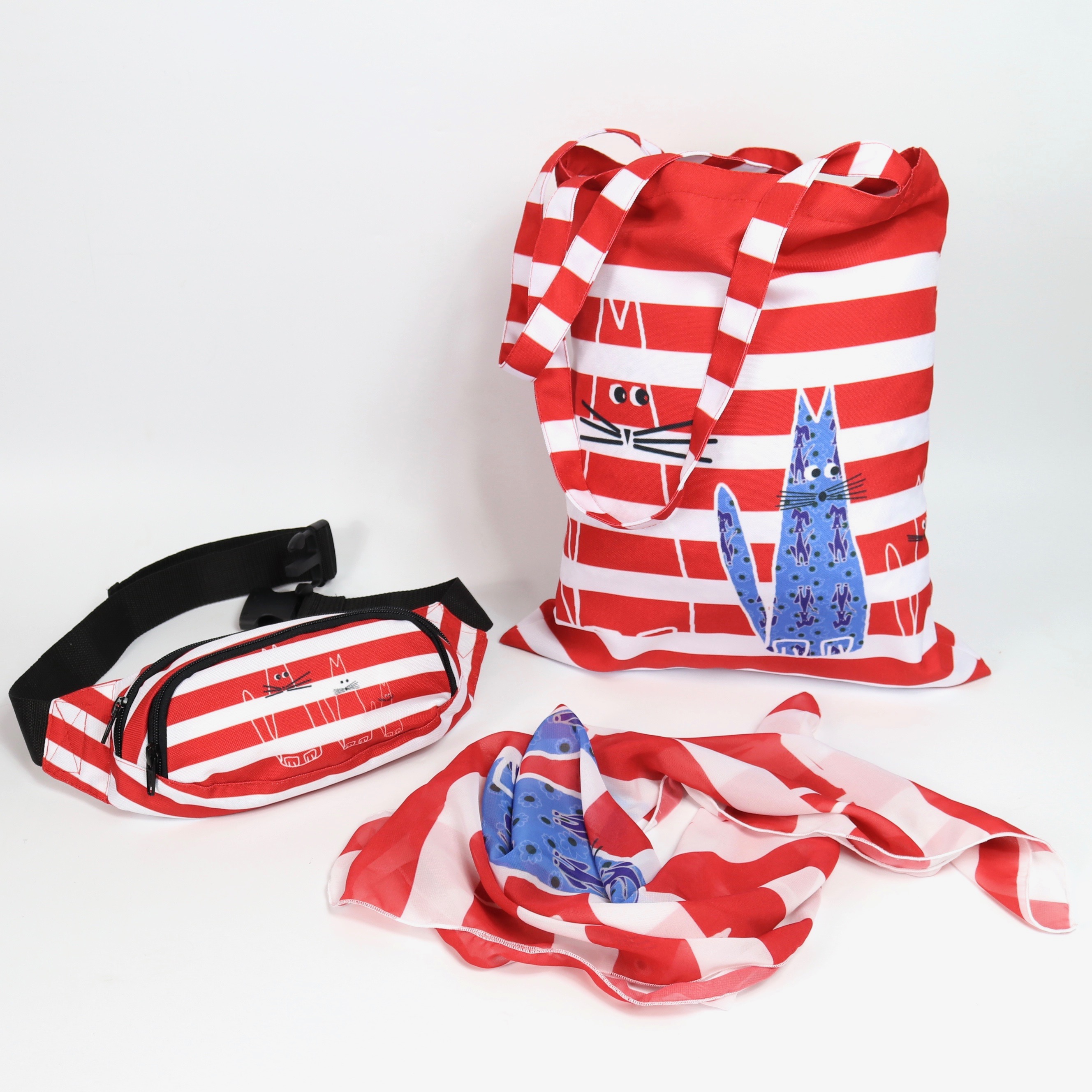 полосатая сумка на пояс с кошками фишкард fishcard waist bag with cats