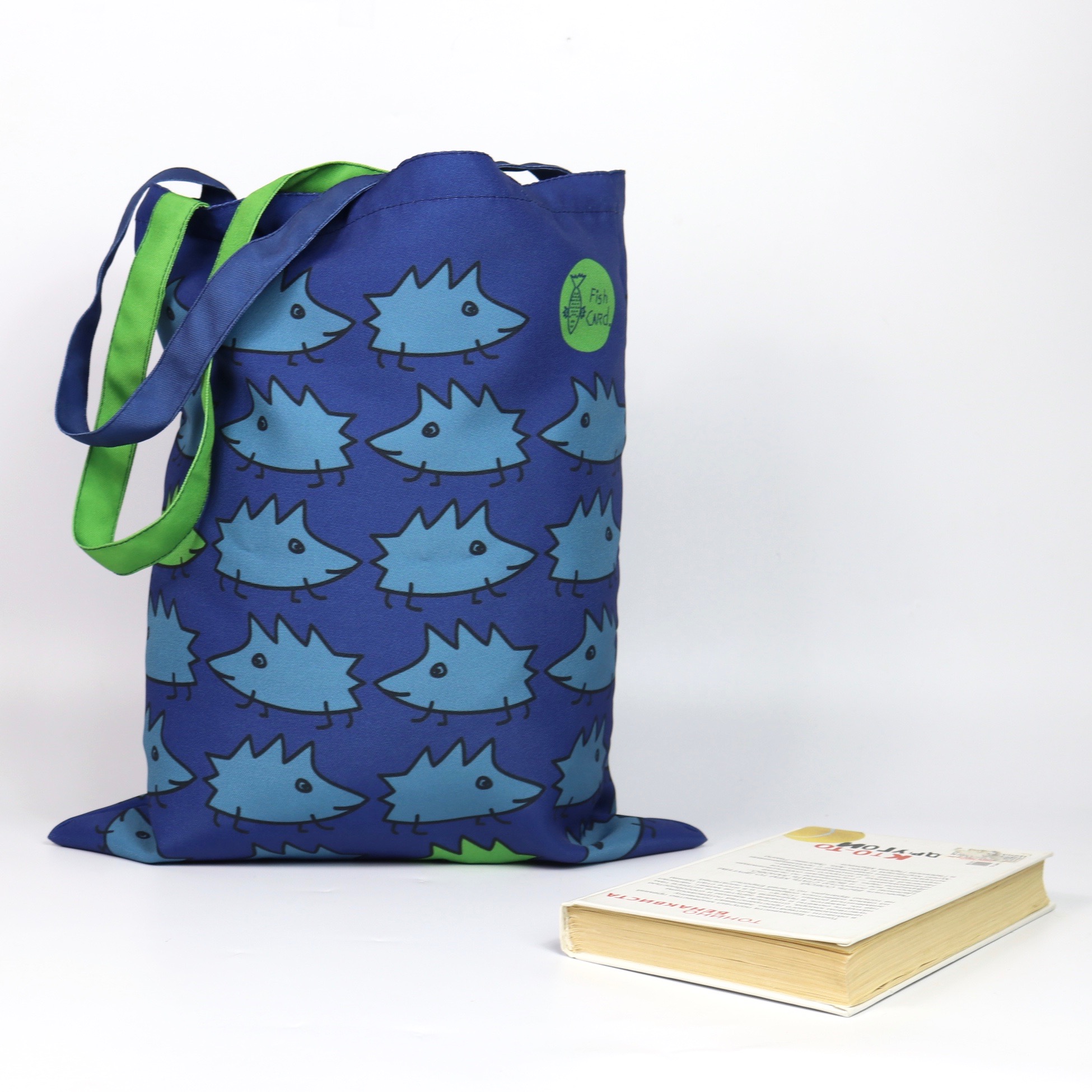 синяя сумка с ежиками фишкард fishcard shopping bag with hedgehogs
