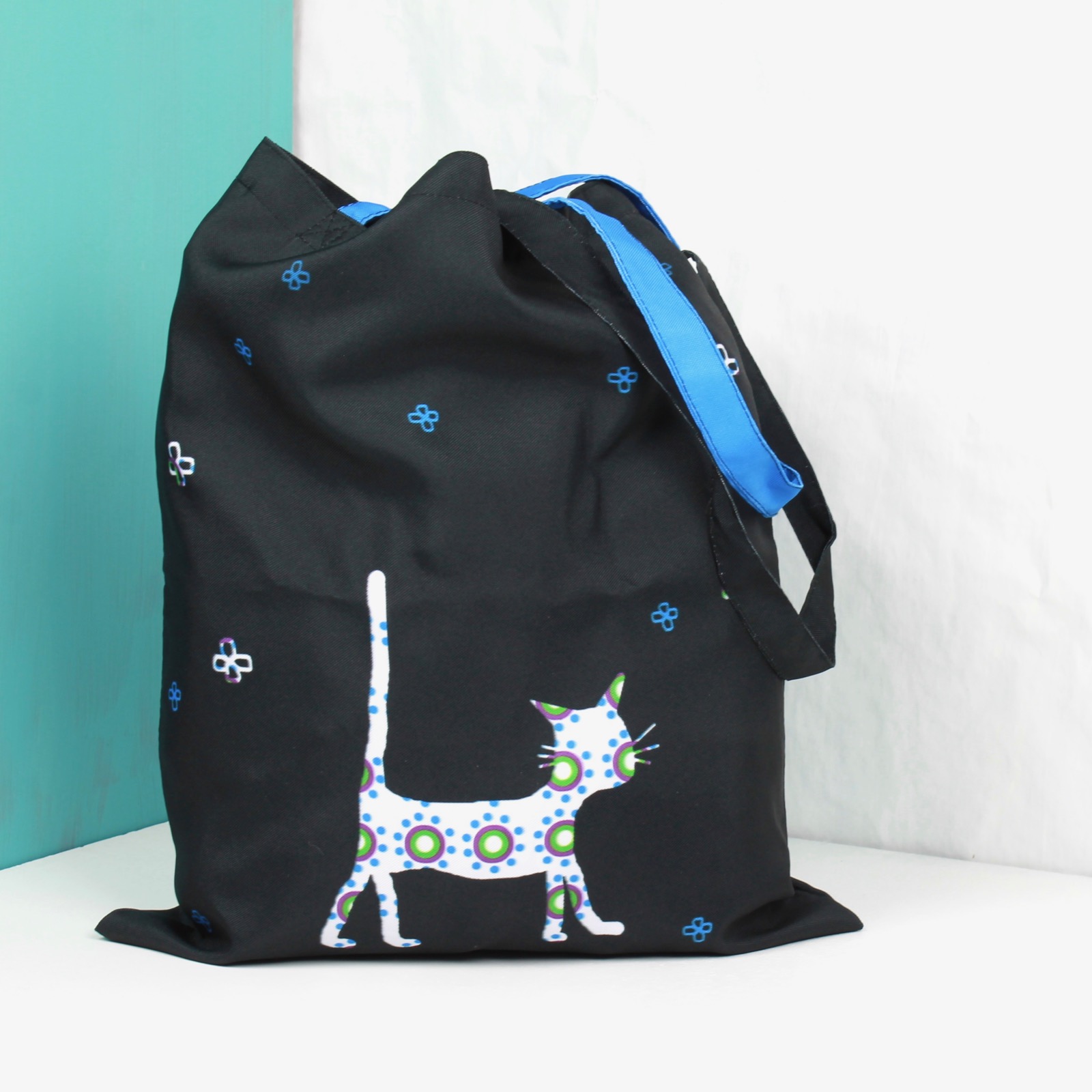 черная эко сумка шоппер с котом фишкард fishcard black tote bag with a cat