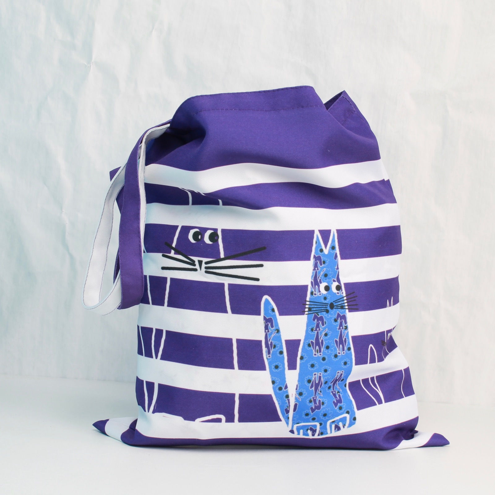 фиолетовая полосатая сумка с котами фишкард fishcard violet tote bag with stripes and cats
