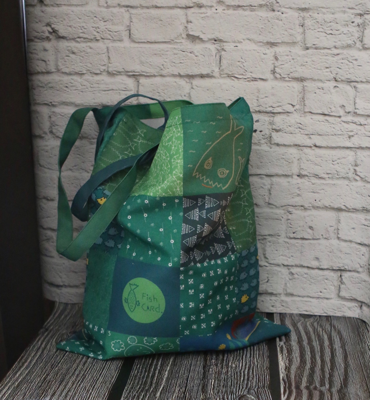 коллажная зеленая сумка шоппер фишкард fishcard patchwork green tote bag